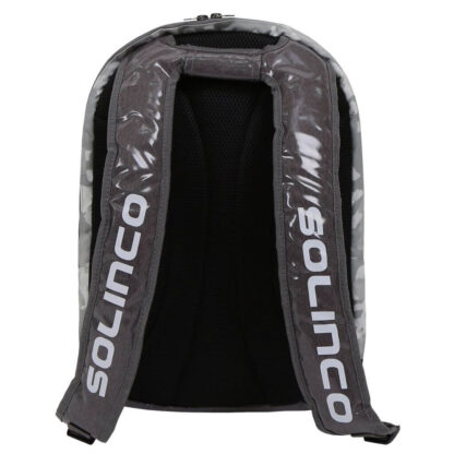 The back of a backpack in white and grey camo with grey and white details. Multiple rooms, with room for tennis racquets. Grey shoulder straps with white Solinco in writing on them. Solinco Tour Backpack in Arctic Camo.