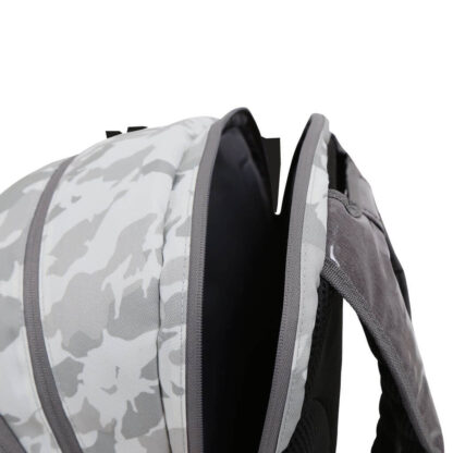 Backpack in white and grey camo with grey and white details. Multiple rooms, with room for tennis racquets. Opened room for tennis racuqets. Solinco Tour Backpack in Arctic Camo.