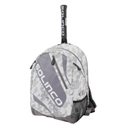 Backpack in white and grey camo with grey and white details. Multiple rooms, with room for tennis racquets. Displayed with one thenis racquet in the bag. Solinco Tour Backpack in Arctic Camo.
