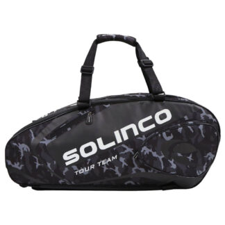 Black and grey camo racquet bag for tennis racquets. With carrying strap, side pockets and multiple rooms. Solinco in white writing on the side and a black solinco logo on the smaller side pocket. Solinco Tour Racquet bag 6pcs in midnight camo.