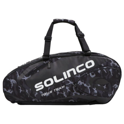Black and grey camo racquet bag for tennis racquets. With carrying strap, side pockets and multiple rooms. Solinco in white writing on the side and a black solinco logo on the smaller side pocket. Solinco Tour Racquet bag 6pcs in midnight camo.