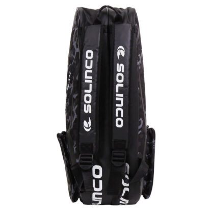 Top view of black and grey camo racquet bag for tennis racquets. With carrying strap, side pockets and multiple rooms. Solinco in white writing on the side and a black solinco logo on the smaller side pocket. Shoulder straps in black with Solinco in white writing on them. Solinco Tour Racquet bag 6pcs in midnight camo.