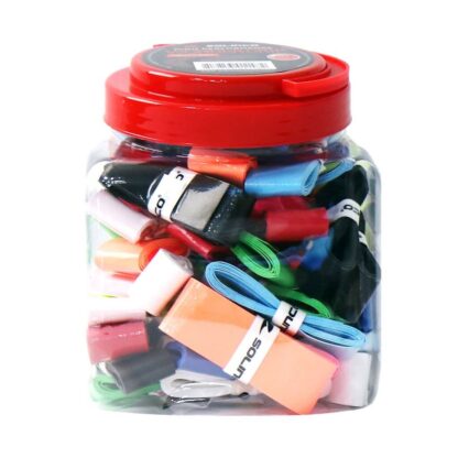 Jar of assorted coloured overgrips. Solinco Wonder Grip in assorted colours.