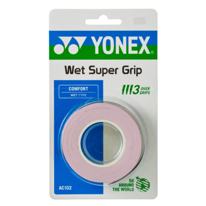 Pack with 3 Yonex Wet Super Grap grips in Mist Pink colour.