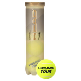 A tube of 4 HEAD Tour Tennis balls. Shown with a tennis ball by it's side.