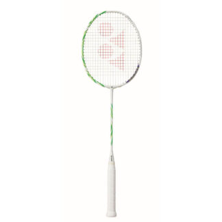 White, green and purple badminton racquet from Yonex. White strings with red Yonex logo and white grip. Astrox 100ZZ written in green "glitter" writing on the purple part of the racquet along a "VA" Viktor Axelsen Logo. Yonex Astrox 100ZZ VA, Viktor Axelsen Edition.