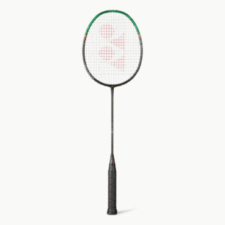 Black and green badminton racquet with orange, grey and white details. White strings with red Yonex logo and black grip. Yonex Astrox 99 Pro 3rd Generation.