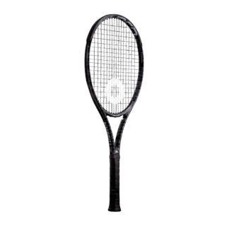 Sideview of Solinco BlackOut 285 Camo. Black grip. BlackOut V2 in white writing on the side with white Solinco logo. Solinco BlackOut V2 Camo 285 model.