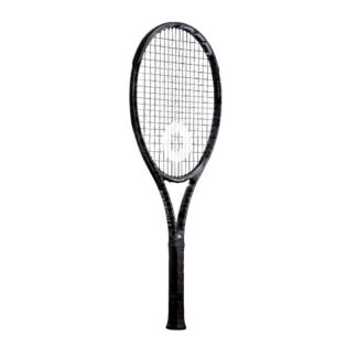 Sideview of Solinco BlackOut 300 Camo. Black grip. BlackOut V2 in white writing on the side with white Solinco logo. Solinco BlackOut V2 Camo 300 model.