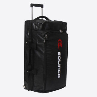 Black tour travel trolley roller bag from Solinco. Solinco in white writing along red Solinco logo on the front. Showcased with two wheels on the bottom and a expandable travel handle on the top.