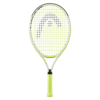 Neon Yellow tennis racquet from HEAD. Yellow strings with black HEAD logo. Neon yellow grip. HEAD Extreme Jr. 23. Front view.