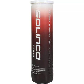 A white, red, and black gradient tube of tennis balls with Solinco Tour in white writing. Solinco Tour 4B Tennis balls.