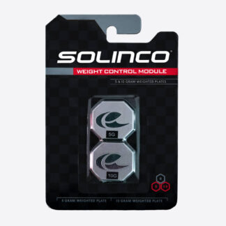 A package of two Solinco Weight Modules - one 5 grams and one 10 grams Solinco Weight Control Module Buttcap Plate in Silver.