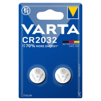 Blue pack with two button cell batteries. Varta CR2032.