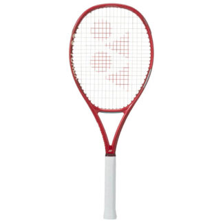 Ruby Red tennis racquet from Yonex. White grip. White strings with red Yonex logo. Yonex in white writing on the side. Yonex Vcore 100 Ruby Red 2026 model.