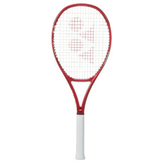 Ruby Red tennis racquet from Yonex. White grip. White strings with red Yonex logo. Yonex in white writing on the side. Yonex Vcore 98 Ruby Red 2026 model.