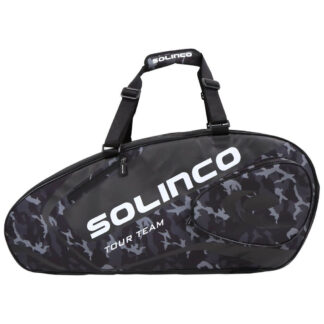 Black and grey camo racquet bag for tennis racquets. With carrying strap, side pockets and multiple rooms. Solinco in white writing on the side and a black solinco logo on the smaller side pocket. Solinco Tour Racquet bag 15pcs in midnight camo.