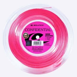 200m reel of Solinco Confidential Soft 125 string in electric pink colour.