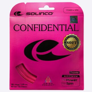Set of Solinco Confidential Soft 125 string in electric pink colour.