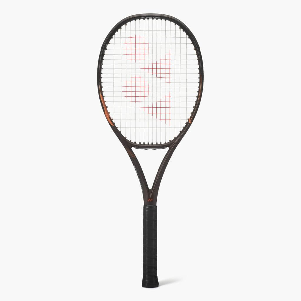 Espresso Brown tennis racquet from Yonex. Blac grip. White strings with red Yonex logo. Yonex Ezone 98 Espresso Brown 2026 model.