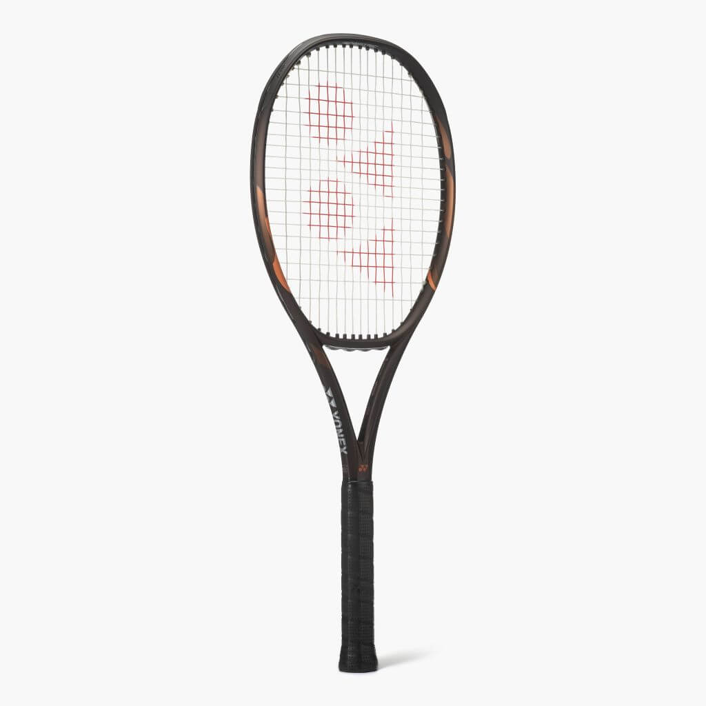 Side view of Espresso Brown tennis racquet from Yonex. Black grip. White strings with red Yonex logo. Yonex in silver writing on the side. Yonex Ezone 98 Espresso Brown 2026 model.