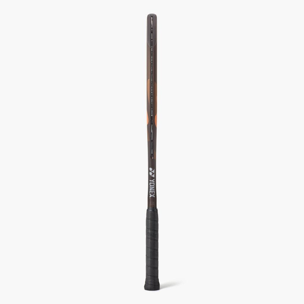 Side view of Espresso Brown tennis racquet from Yonex. Black grip. Yonex in silver writing on the side. Yonex Ezone 98 Espresso Brown 2026 model.