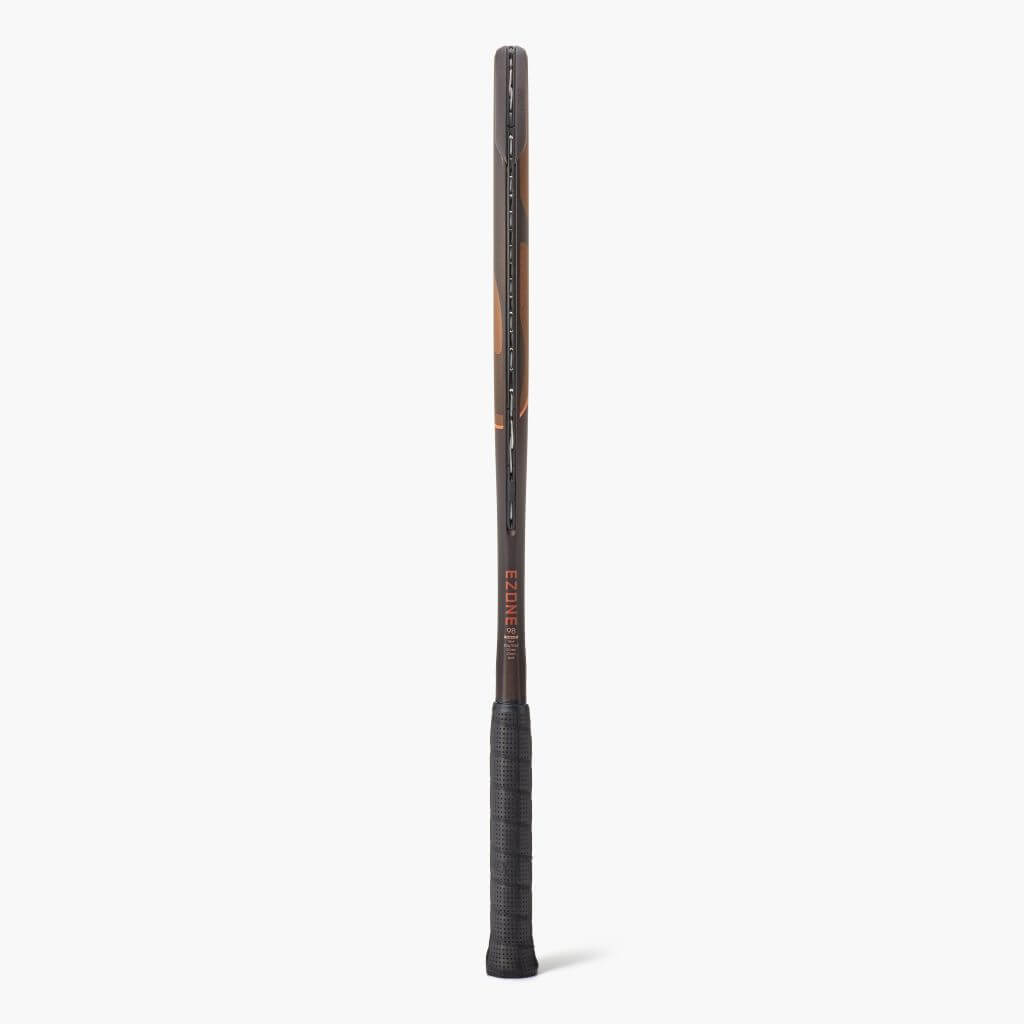 Espresso Brown tennis racquet from Yonex. Black grip. Ezone in orange writing on the side. Yonex Ezone 98 Espresso Brown 2026 model.