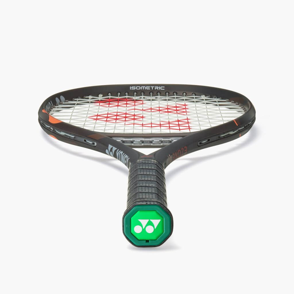 View from butt cap of Espresso Brown tennis racquet from Yonex. Black grip. White strings with red Yonex logo. Yonex in silver writing on the side and Ezone in orange writing on the other side. Yonex Ezoe 98 Espresso Brown 2026 model.